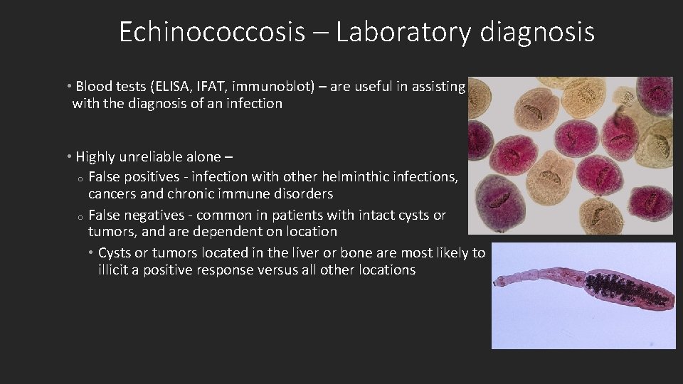 Echinococcosis – Laboratory diagnosis • Blood tests (ELISA, IFAT, immunoblot) – are useful in