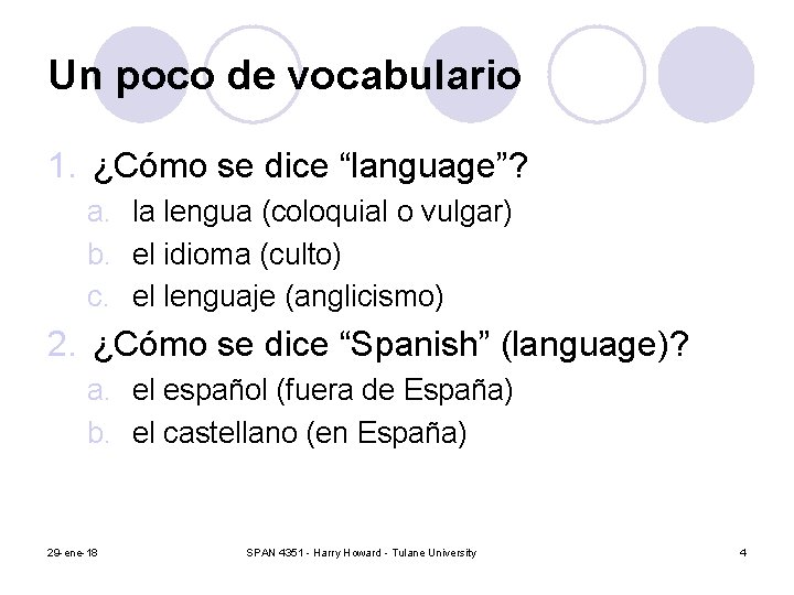 Un poco de vocabulario 1. ¿Cómo se dice “language”? a. la lengua (coloquial o