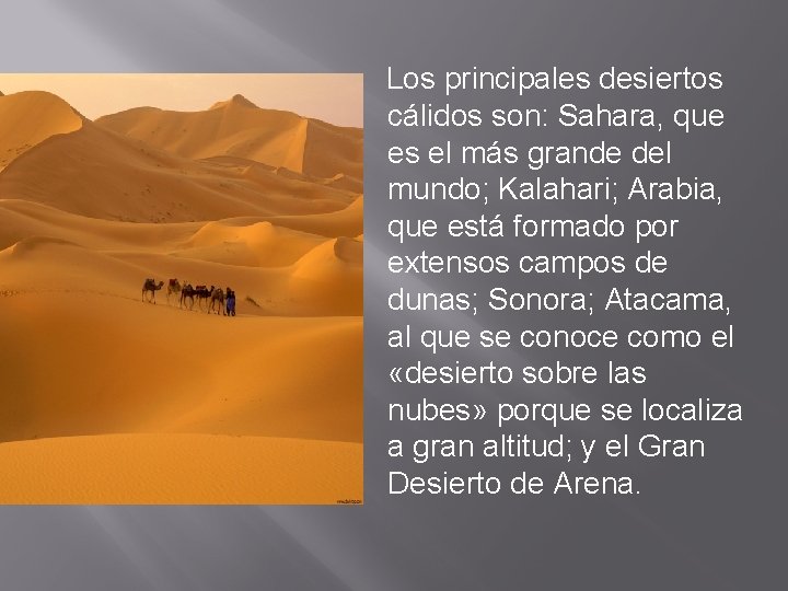 Los principales desiertos cálidos son: Sahara, que es el más grande del mundo; Kalahari;