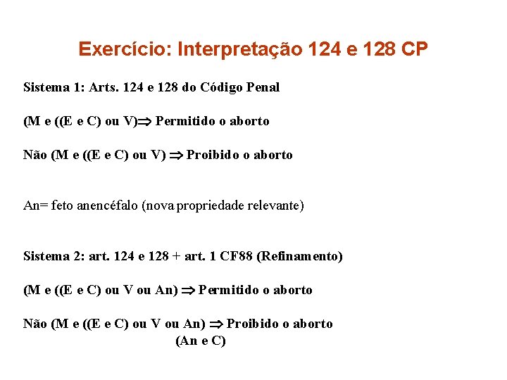 Exercício: Interpretação 124 e 128 CP Sistema 1: Arts. 124 e 128 do Código