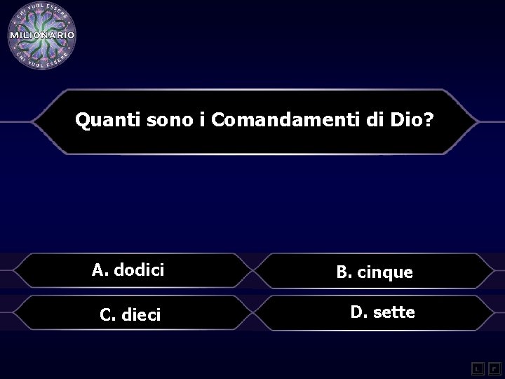 Quanti sono i Comandamenti di Dio? A. dodici B. cinque C. dieci D. sette