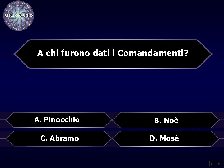 A chi furono dati i Comandamenti? A. Pinocchio B. Noè C. Abramo D. Mosè