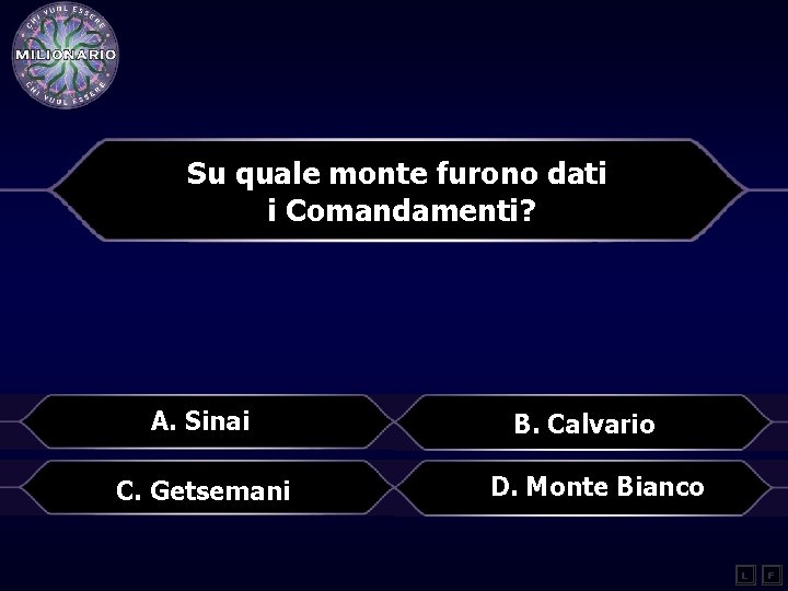 Su quale monte furono dati i Comandamenti? A. Sinai C. Getsemani B. Calvario D.
