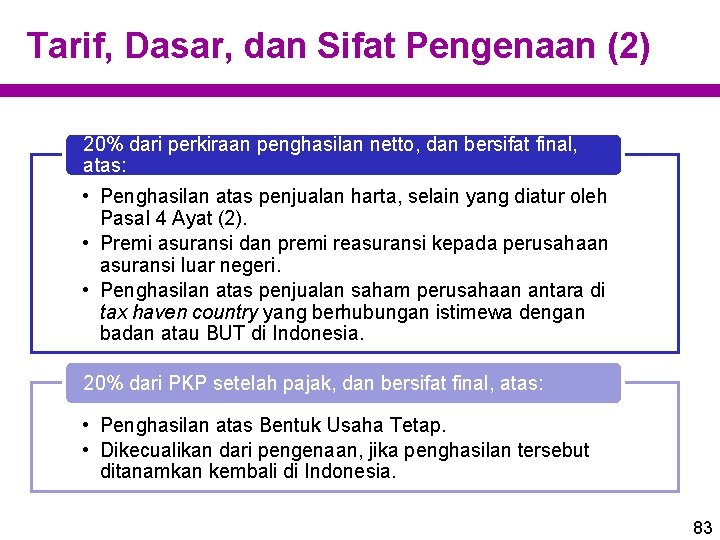 Tarif, Dasar, dan Sifat Pengenaan (2) 20% dari perkiraan penghasilan netto, dan bersifat final,