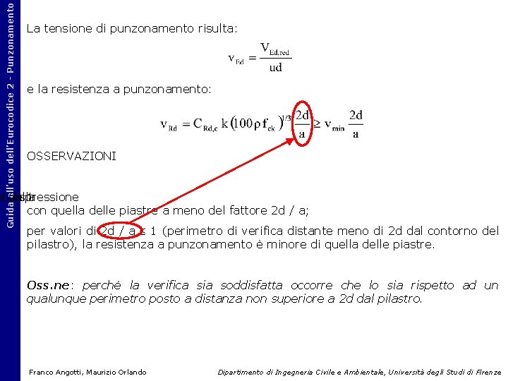 Guida all’uso dell’Eurocodice 2 - Punzonamento La tensione di punzonamento risulta: e la resistenza