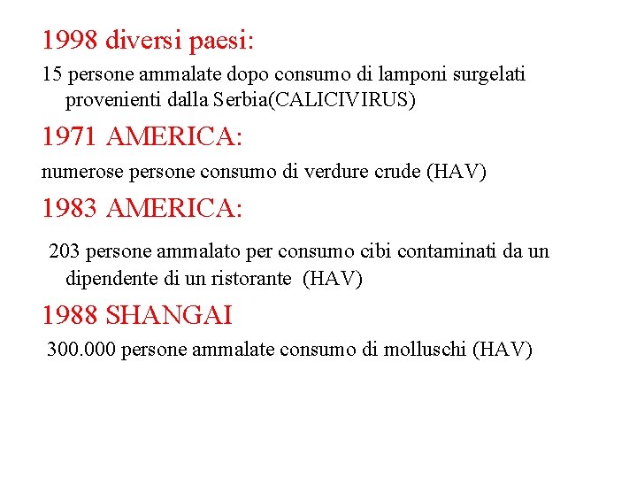 1998 diversi paesi: 15 persone ammalate dopo consumo di lamponi surgelati provenienti dalla Serbia(CALICIVIRUS)