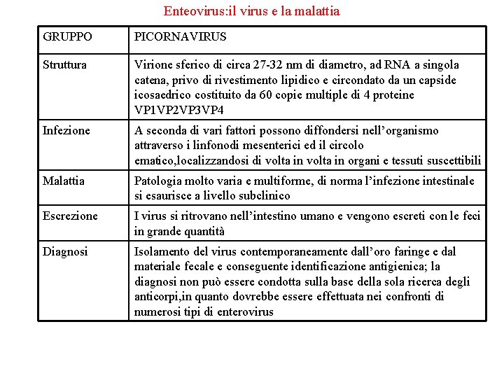 Enteovirus: il virus e la malattia GRUPPO PICORNAVIRUS Struttura Virione sferico di circa 27