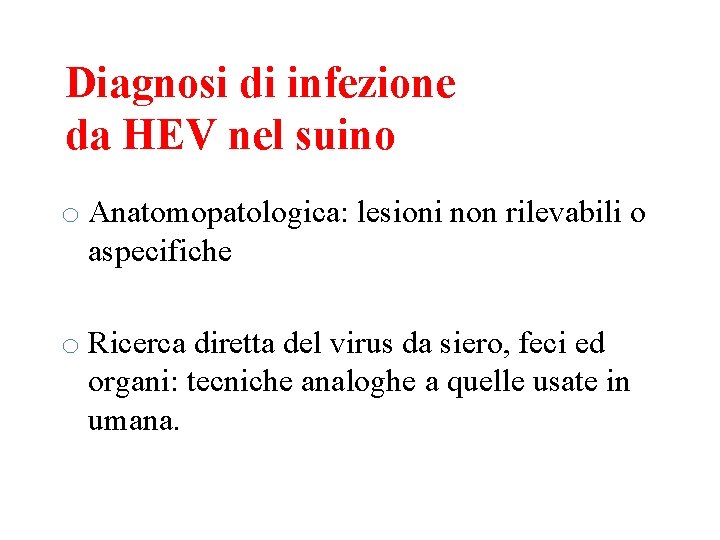 Diagnosi di infezione da HEV nel suino o Anatomopatologica: lesioni non rilevabili o aspecifiche