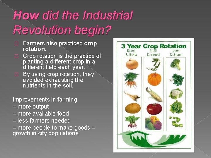 How did the Industrial Revolution begin? Farmers also practiced crop rotation. � Crop rotation