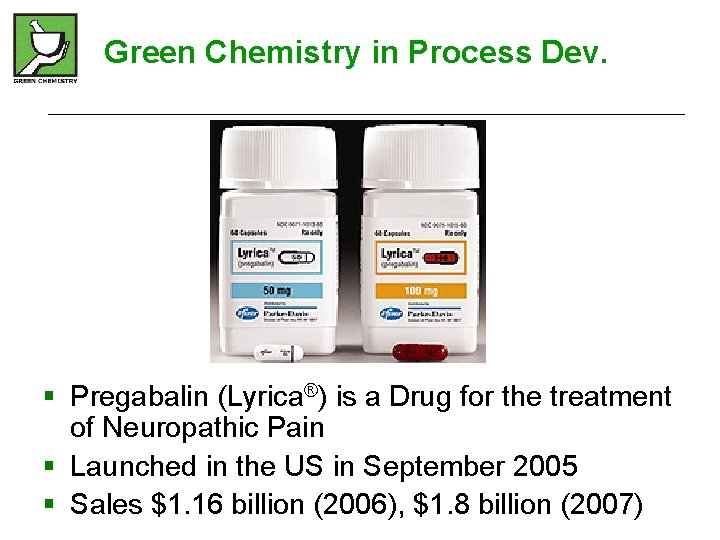 Green Chemistry in Process Dev. § Pregabalin (Lyrica®) is a Drug for the treatment