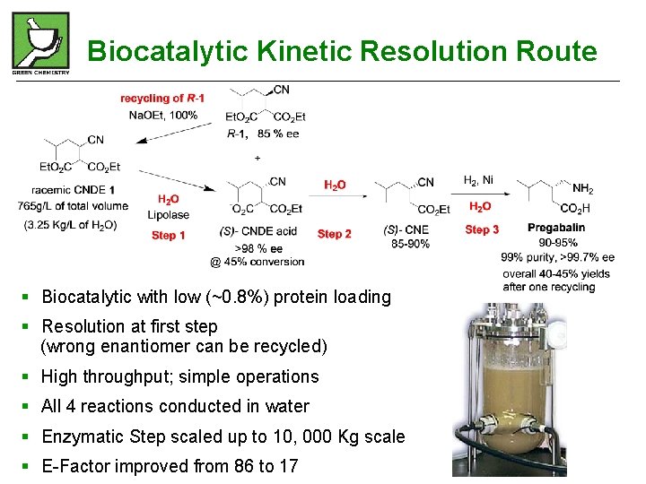 Biocatalytic Kinetic Resolution Route § Biocatalytic with low (~0. 8%) protein loading § Resolution