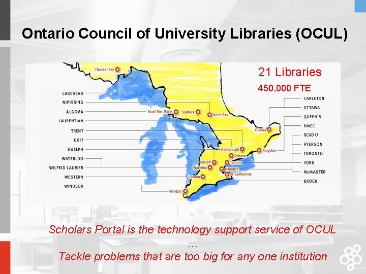 Ontario Council of University Libraries (OCUL) 21 Libraries 450, 000 FTE Scholars Portal is Ontario Council of University Libraries (OCUL) 21 Libraries 450, 000 FTE Scholars Portal is