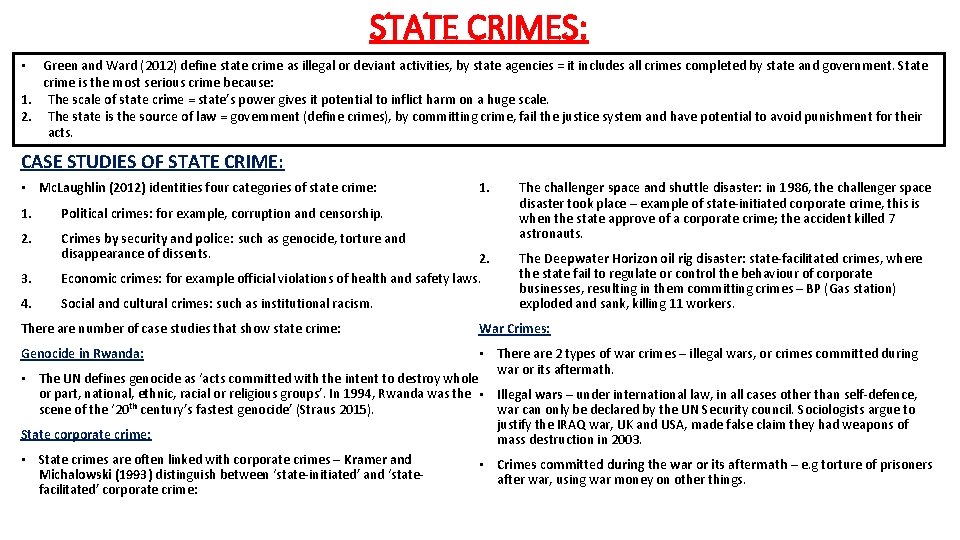STATE CRIMES: Green and Ward (2012) define state crime as illegal or deviant activities, STATE CRIMES: Green and Ward (2012) define state crime as illegal or deviant activities,