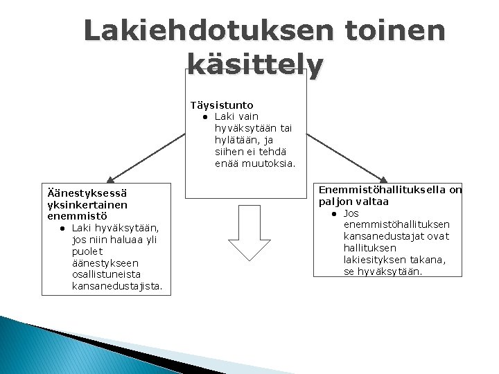 Lakiehdotuksen toinen käsittely Täysistunto ● Laki vain hyväksytään tai hylätään, ja siihen ei tehdä