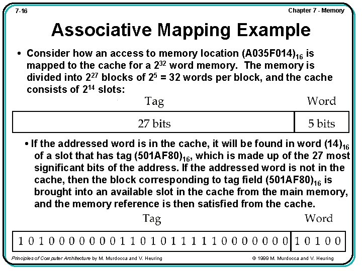 Chapter 7 - Memory 7 -16 Associative Mapping Example • Consider how an access