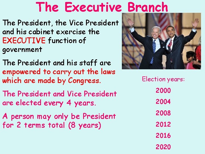 The Executive Branch The President, the Vice President and his cabinet exercise the EXECUTIVE
