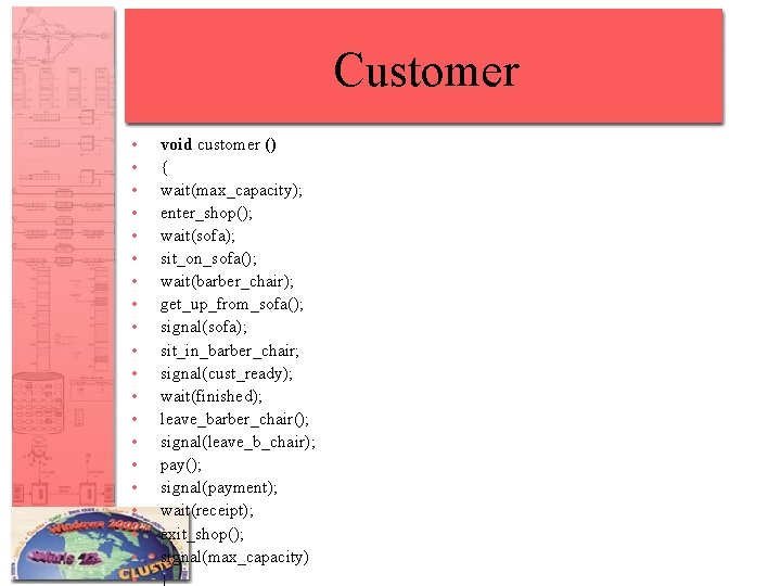 Customer • • • • • void customer () { wait(max_capacity); enter_shop(); wait(sofa); sit_on_sofa();