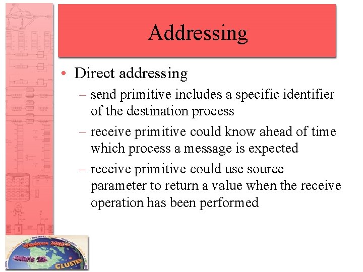 Addressing • Direct addressing – send primitive includes a specific identifier of the destination