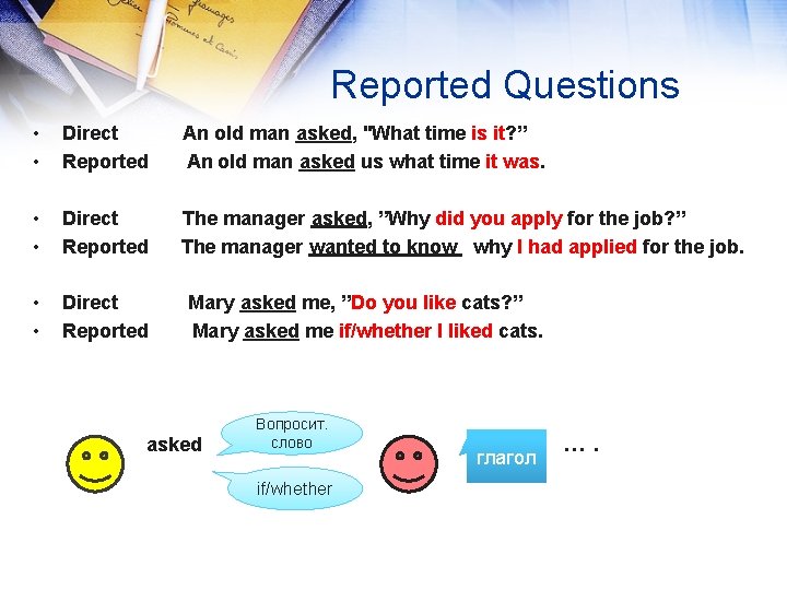Reported Questions • • Direct Reported An old man asked, "What time is it?