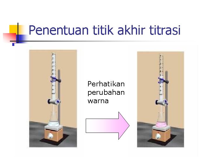 Penentuan titik akhir titrasi Perhatikan perubahan warna 