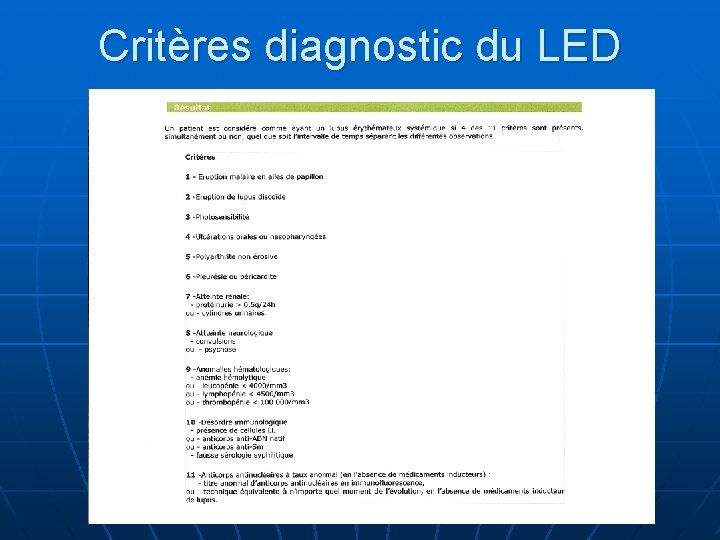 Critères diagnostic du LED 