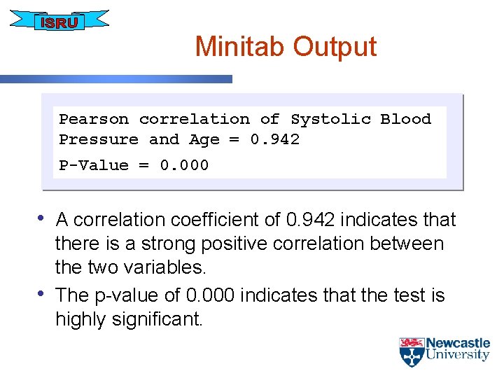 Minitab Output Pearson correlation of Systolic Blood Pressure and Age = 0. 942 P-Value