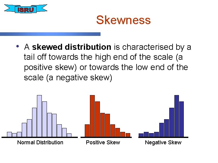 Skewness • A skewed distribution is characterised by a tail off towards the high