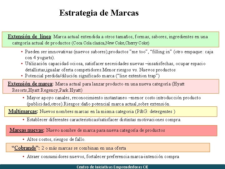 Estrategia de Marcas Extensión de línea: Marca actual extendida a otros tamaños, formas, sabores,