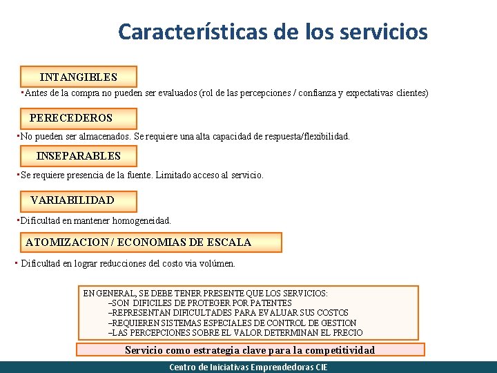 Características de los servicios INTANGIBLES • Antes de la compra no pueden ser evaluados