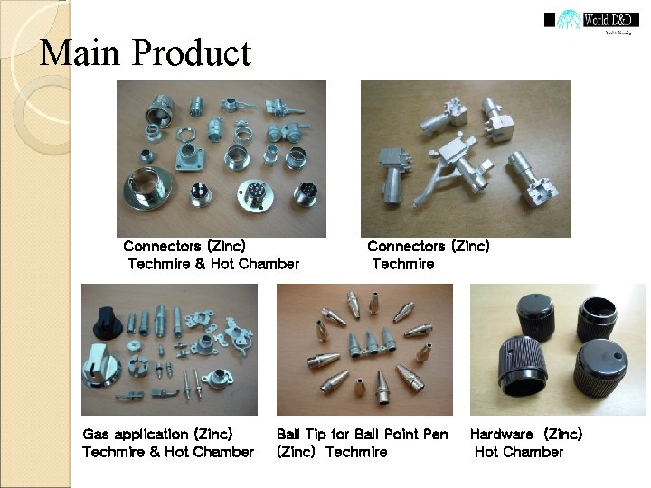 Main Product Connectors (Zinc) Techmire & Hot Chamber Gas application (Zinc) Techmire & Hot