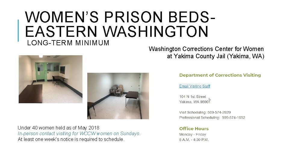 WOMEN’S PRISON BEDSEASTERN WASHINGTON LONG-TERM MINIMUM Under 40 women held as of May 2018 WOMEN’S PRISON BEDSEASTERN WASHINGTON LONG-TERM MINIMUM Under 40 women held as of May 2018