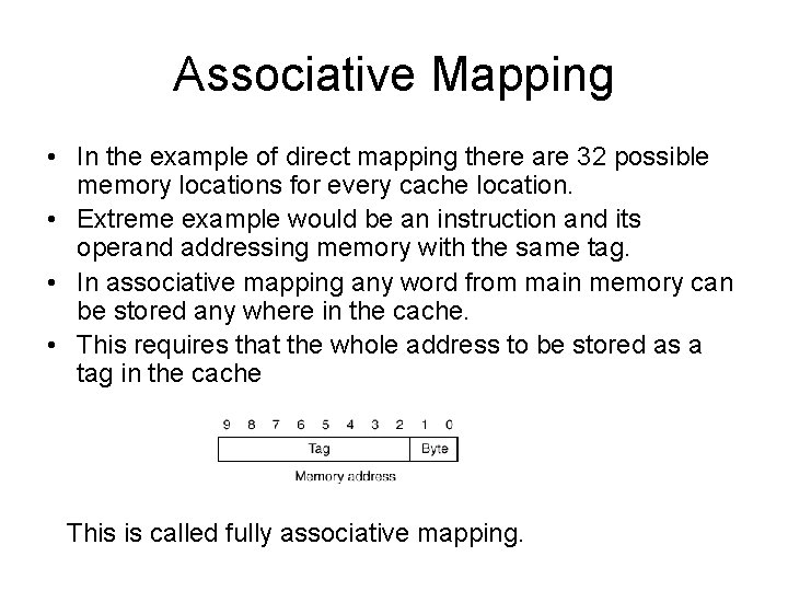 Associative Mapping • In the example of direct mapping there are 32 possible memory