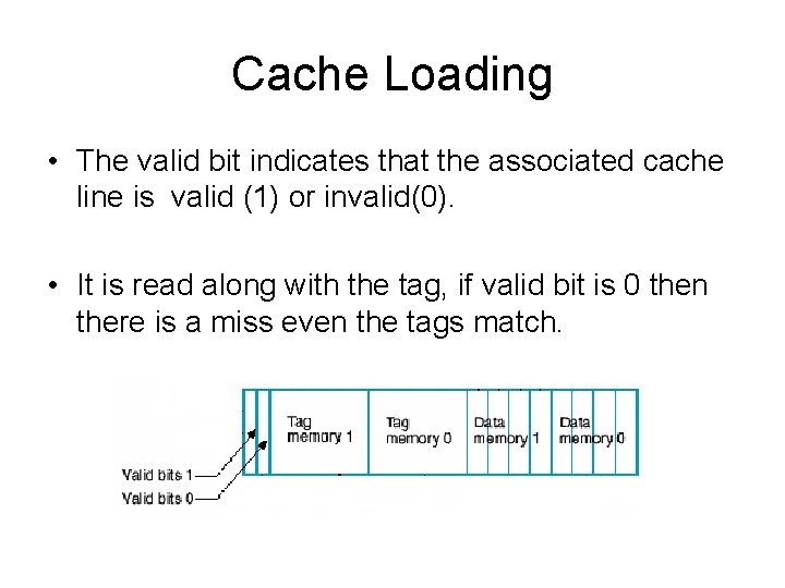 Cache Loading • The valid bit indicates that the associated cache line is valid