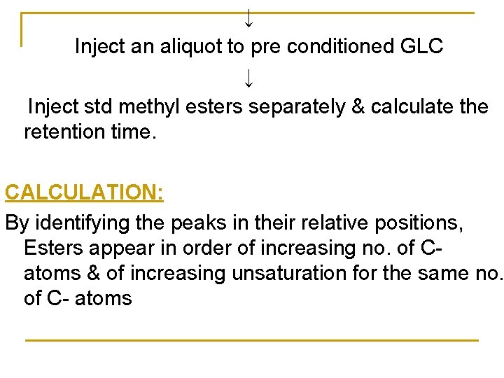 ↓ Inject an aliquot to pre conditioned GLC ↓ Inject std methyl esters separately