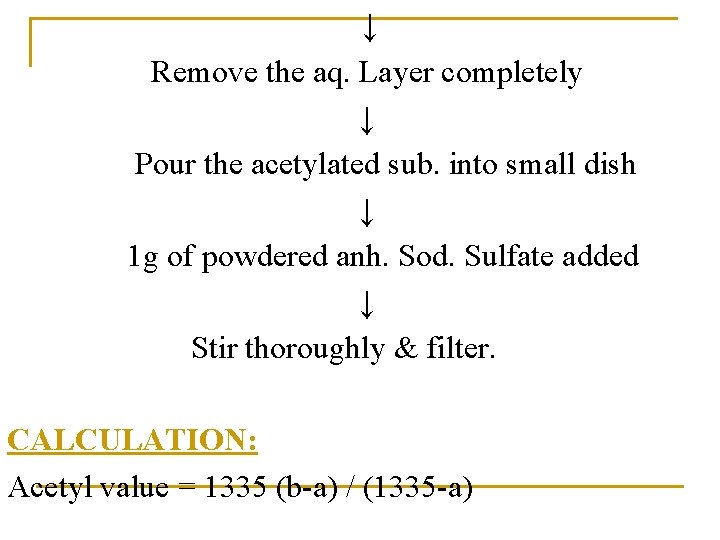 ↓ Remove the aq. Layer completely ↓ Pour the acetylated sub. into small dish