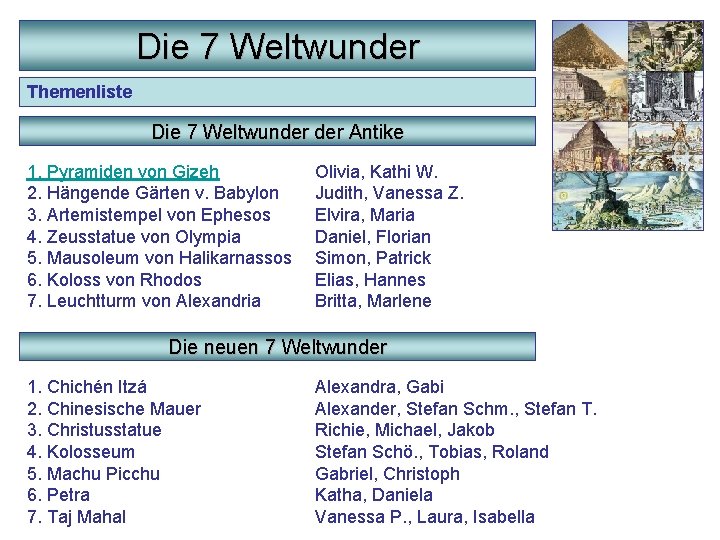Die 7 Weltwunder Themenliste Die 7 Weltwunder Antike 1. Pyramiden von Gizeh 2. Hängende