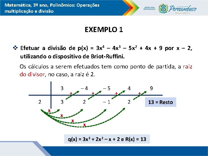 Matemática, 3º ano, Polinômios: Operações multiplicação e divisão EXEMPLO 1 v Efetuar a divisão