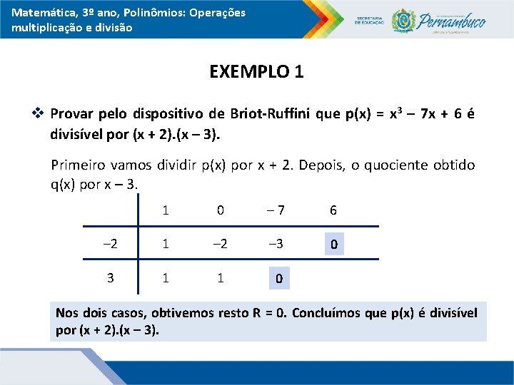 Matemática, 3º ano, Polinômios: Operações multiplicação e divisão EXEMPLO 1 v Provar pelo dispositivo