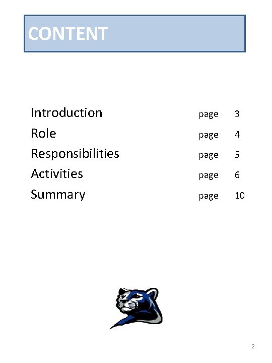 CONTENT Introduction Role Responsibilities Activities Summary page 3 page 4 page 5 page 6