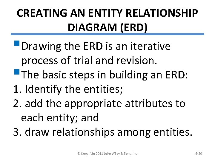 CREATING AN ENTITY RELATIONSHIP DIAGRAM (ERD) §Drawing the ERD is an iterative process of