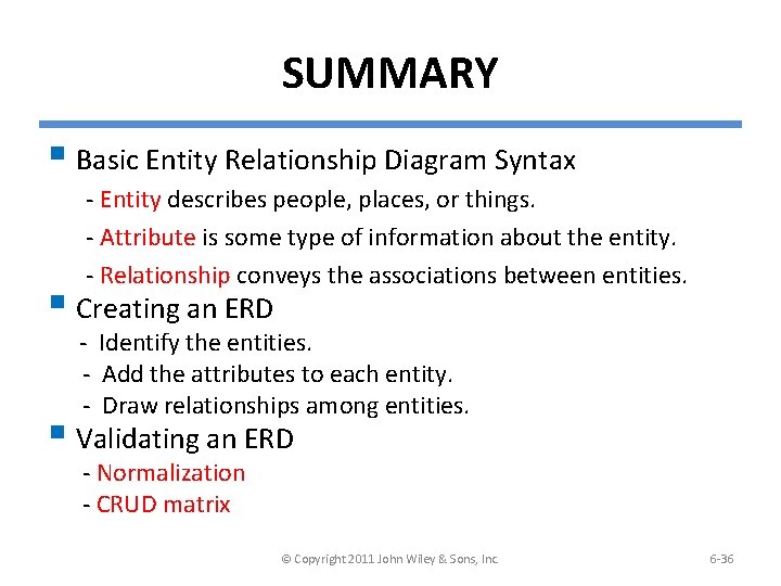 SUMMARY § Basic Entity Relationship Diagram Syntax - Entity describes people, places, or things.