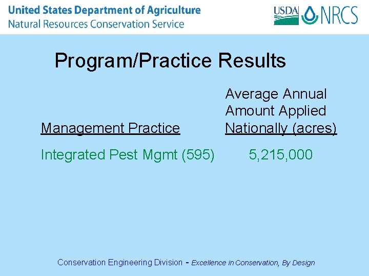 Program/Practice Results Management Practice Average Annual Amount Applied Nationally (acres) Integrated Pest Mgmt (595)