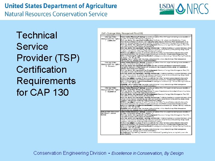 Technical Service Provider (TSP) Certification Requirements for CAP 130 Conservation Engineering Division - Excellence