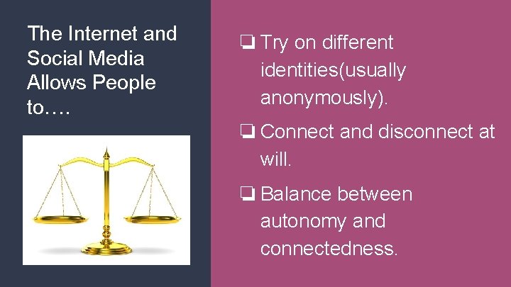 The Internet and Social Media Allows People to…. ❏ Try on different identities(usually anonymously).