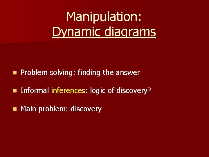 Manipulation: Dynamic diagrams n Problem solving: finding the answer n Informal inferences: logic of