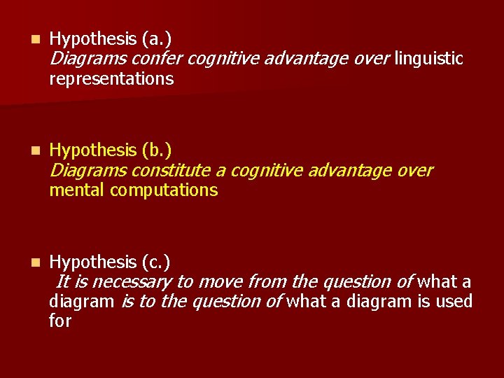 n Hypothesis (a. ) Diagrams confer cognitive advantage over linguistic representations n Hypothesis (b.