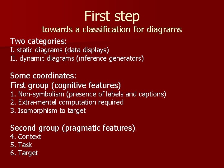 First step towards a classification for diagrams Two categories: I. static diagrams (data displays)