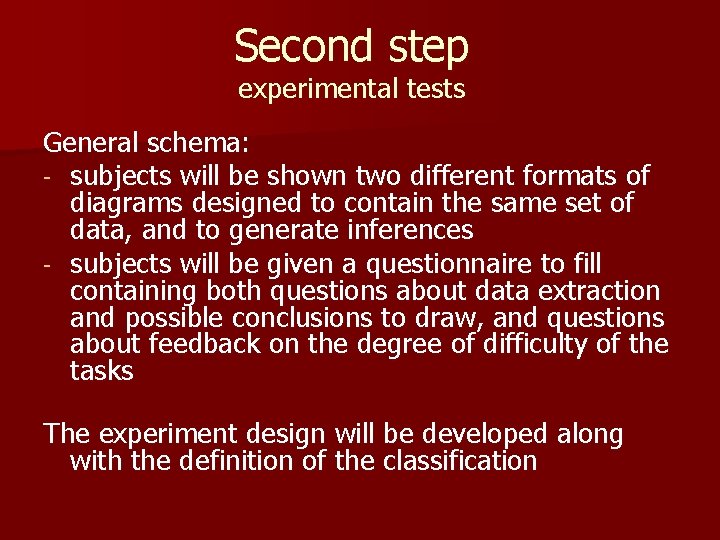 Second step experimental tests General schema: - subjects will be shown two different formats