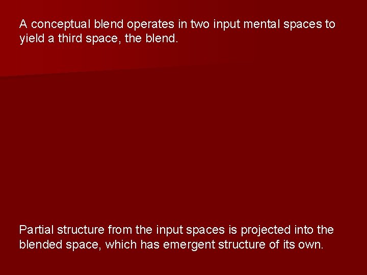 A conceptual blend operates in two input mental spaces to yield a third space,