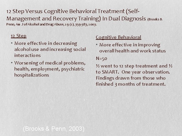 12 Step Versus Cognitive Behavioral Treatment (Self. Management and Recovery Training) In Dual Diagnosis